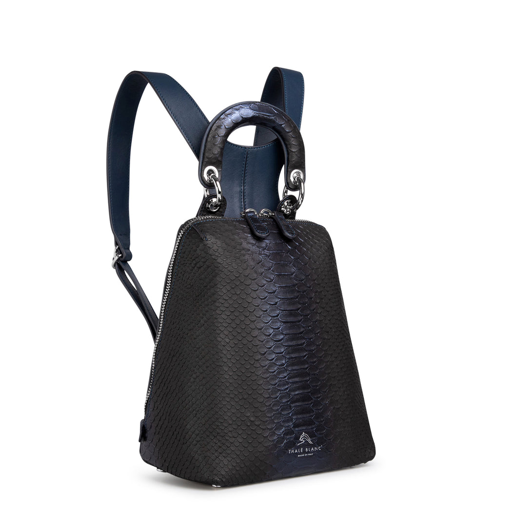 Women's designer backpack, small, in dark blue snake embossed leather