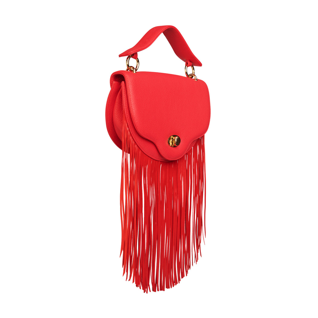Red fringe handbag that can be worn as mini designer crossbody bag