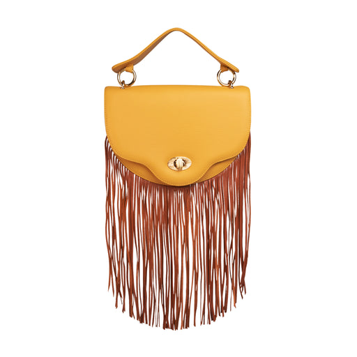 Fringe handbag in yellow leather: Women's designer crossbody bag, mini 