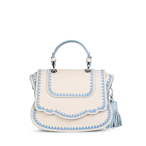 Audrey Crossbody: White Designer Crossbody Bag with Blue Stitching