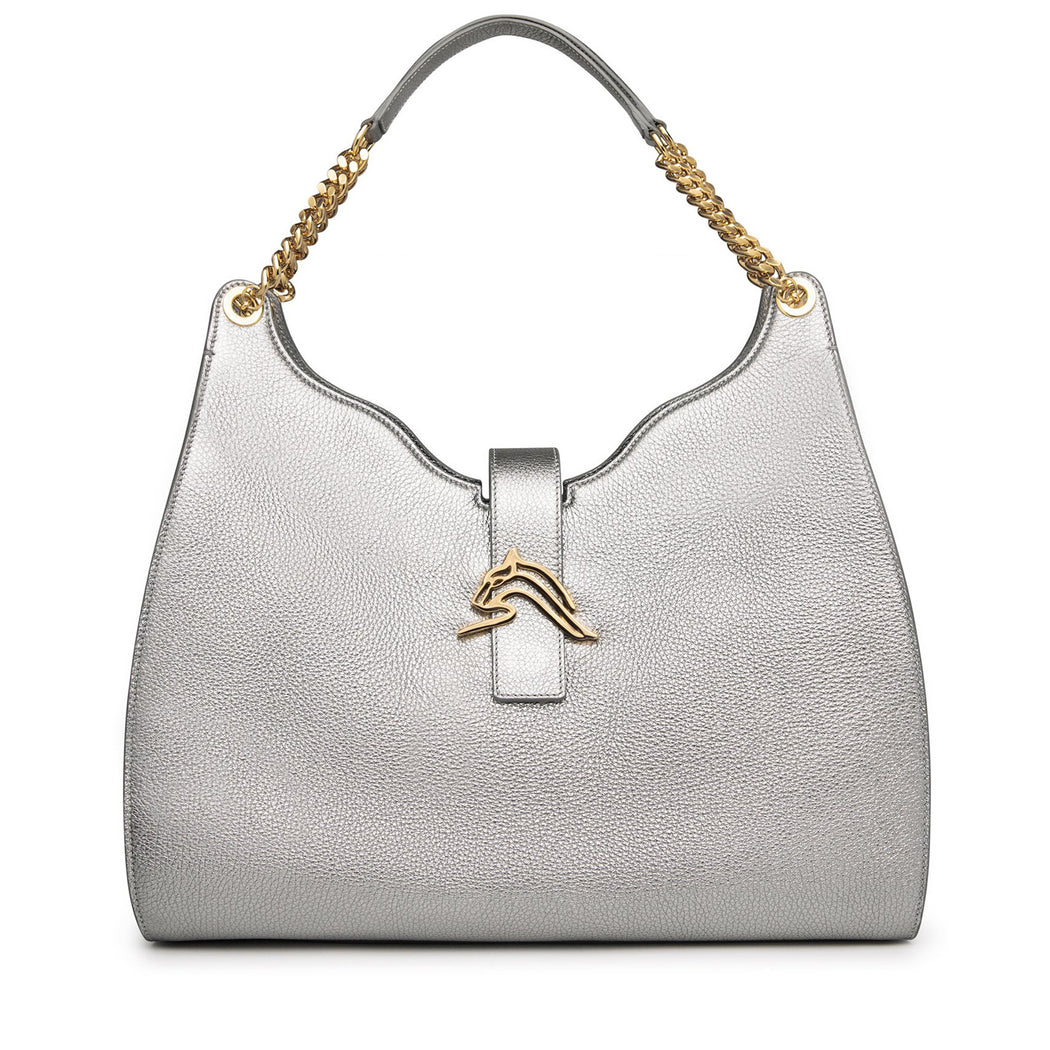 Empire Cheetah Hobo: Designer Shoulder Bag In Silver Leather