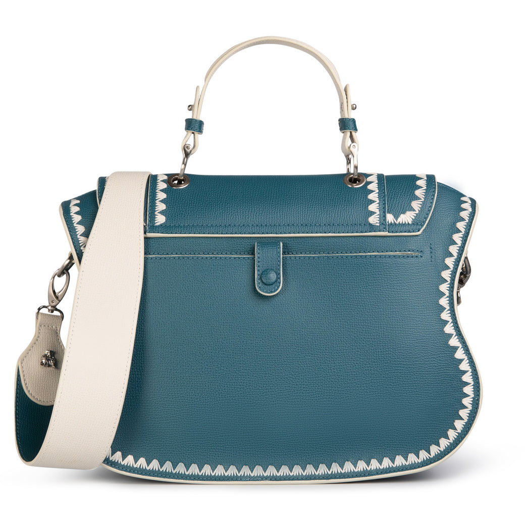 Women's designer handbag: Teal leather designer satchel with white strap
