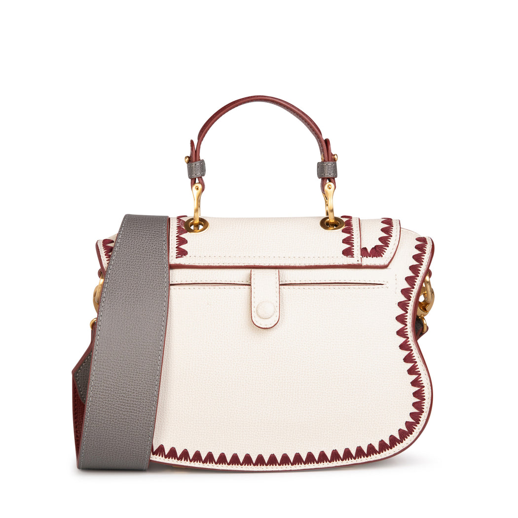 Luxury crossbody bag, mini, in white leather with red trim