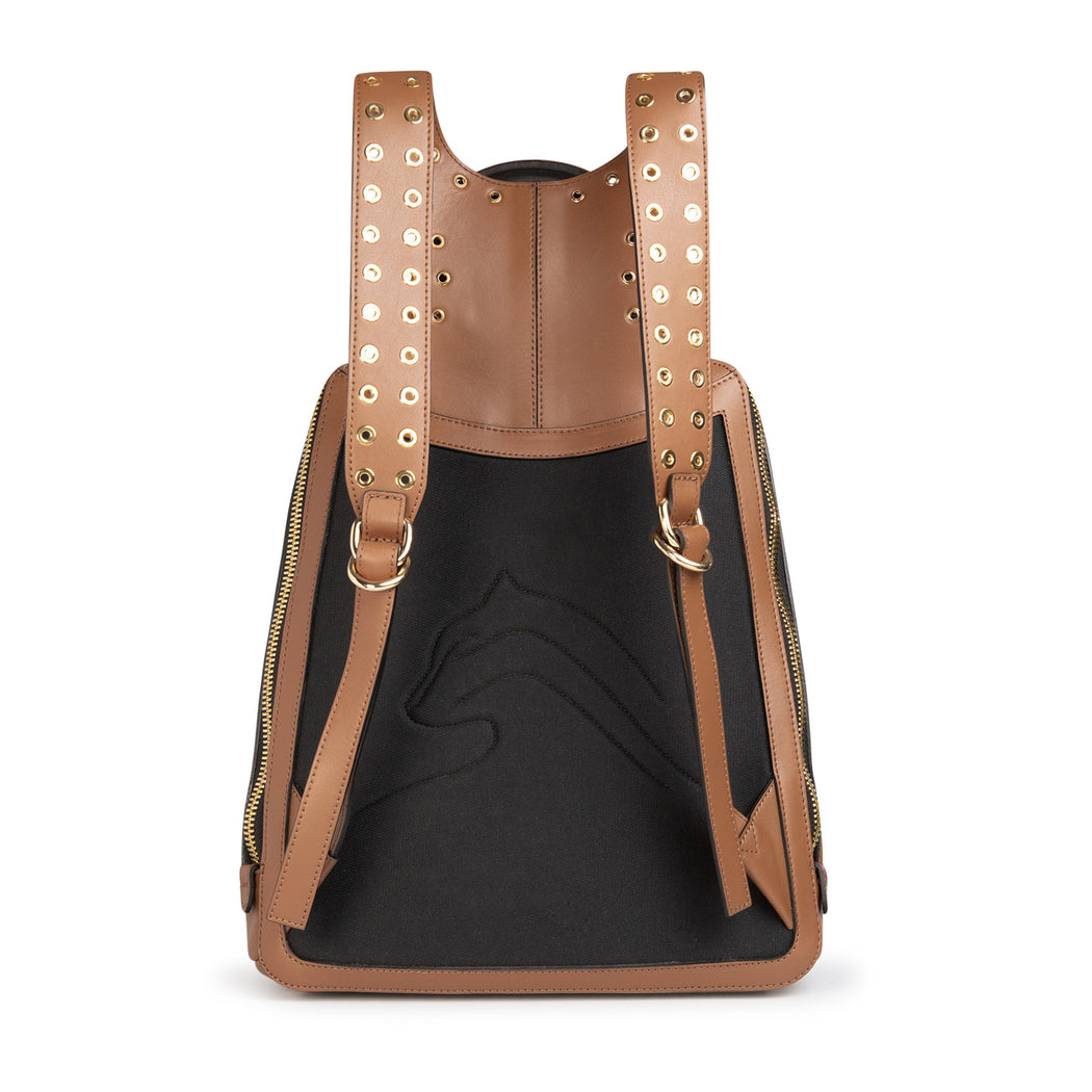 Black leather panel of women's designer backpack