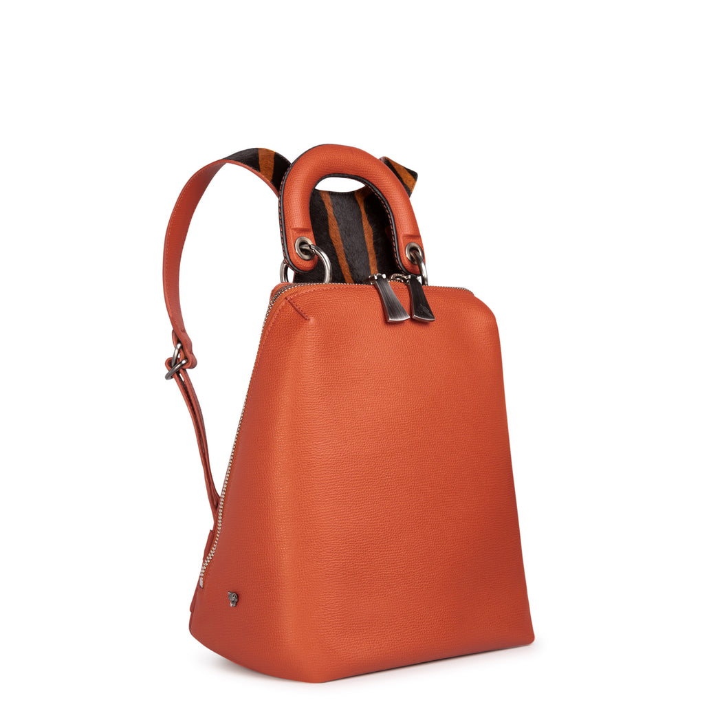 Designer backpack, small, in orange leather with animal print straps