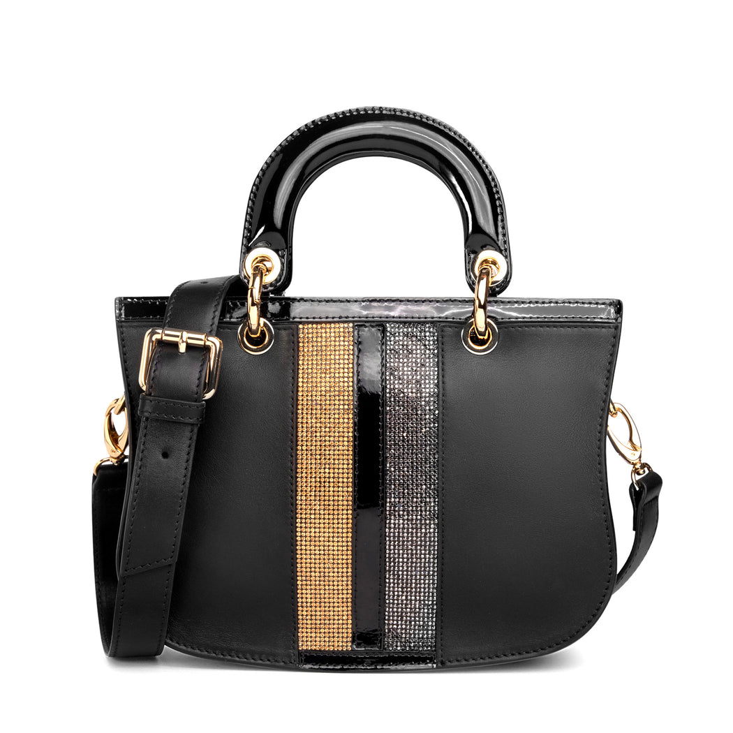 Designer satchel handbag in black leather with crystals