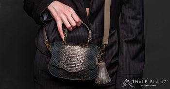 Pewter snake-embossed small designer crossbody bag, made in Italy.