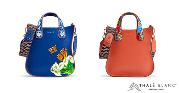 Orange and blue hand-painted designer tote bags from the Gisele collection by Thale Blanc.