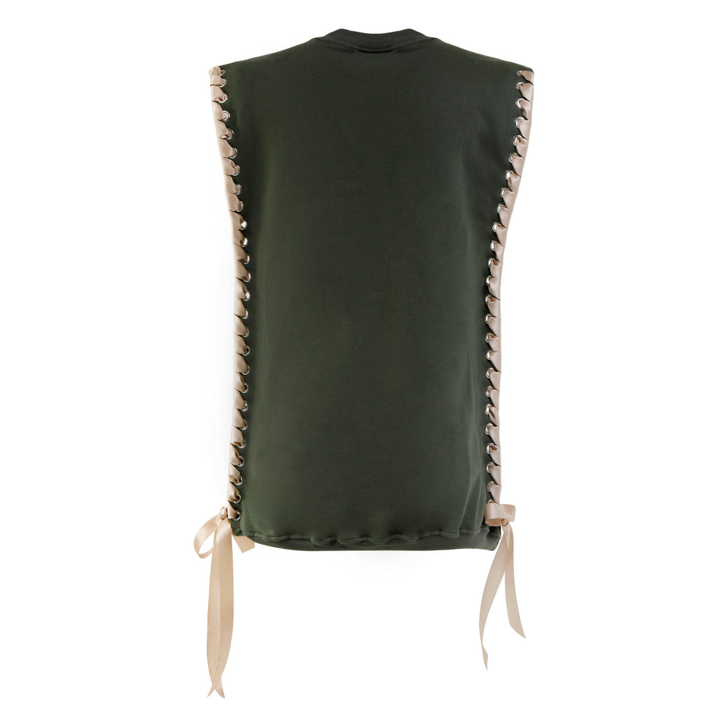 Sleeveless Crewneck with Ribbon in Olive