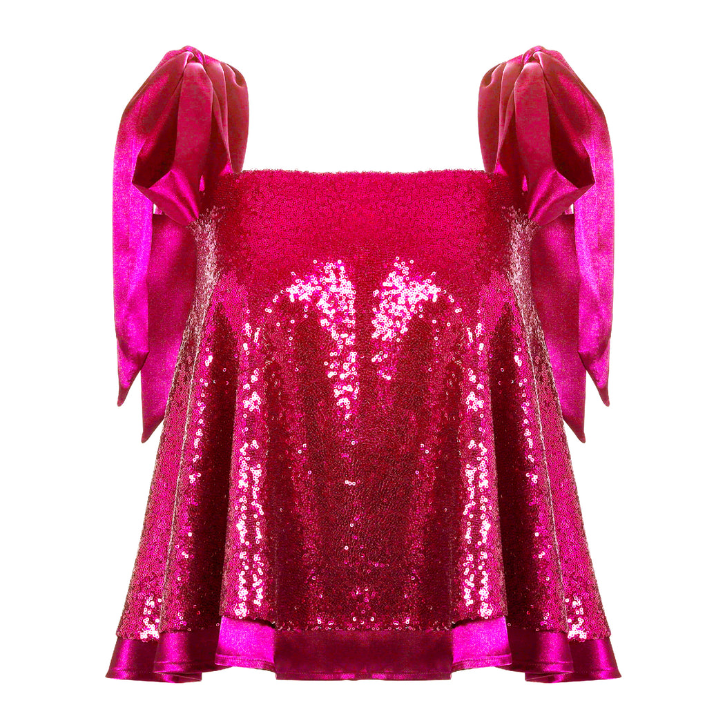 Frilly Top with Bow Sequin in Fuchsia