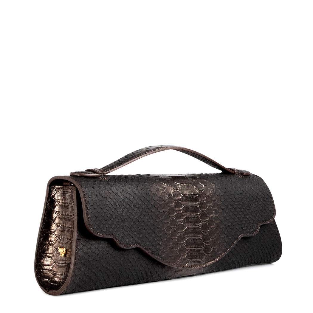 Designer evening clutch: Pewter python print purse