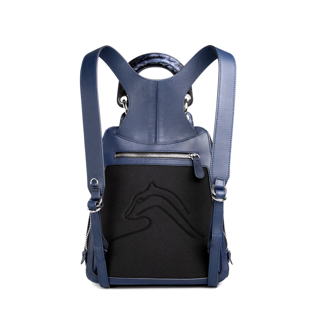 Cushioned back of women's designer mini backpack in dark blue leather.