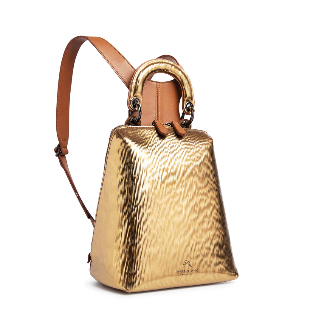 Women's designer backpack, mini, in metallic gold leather