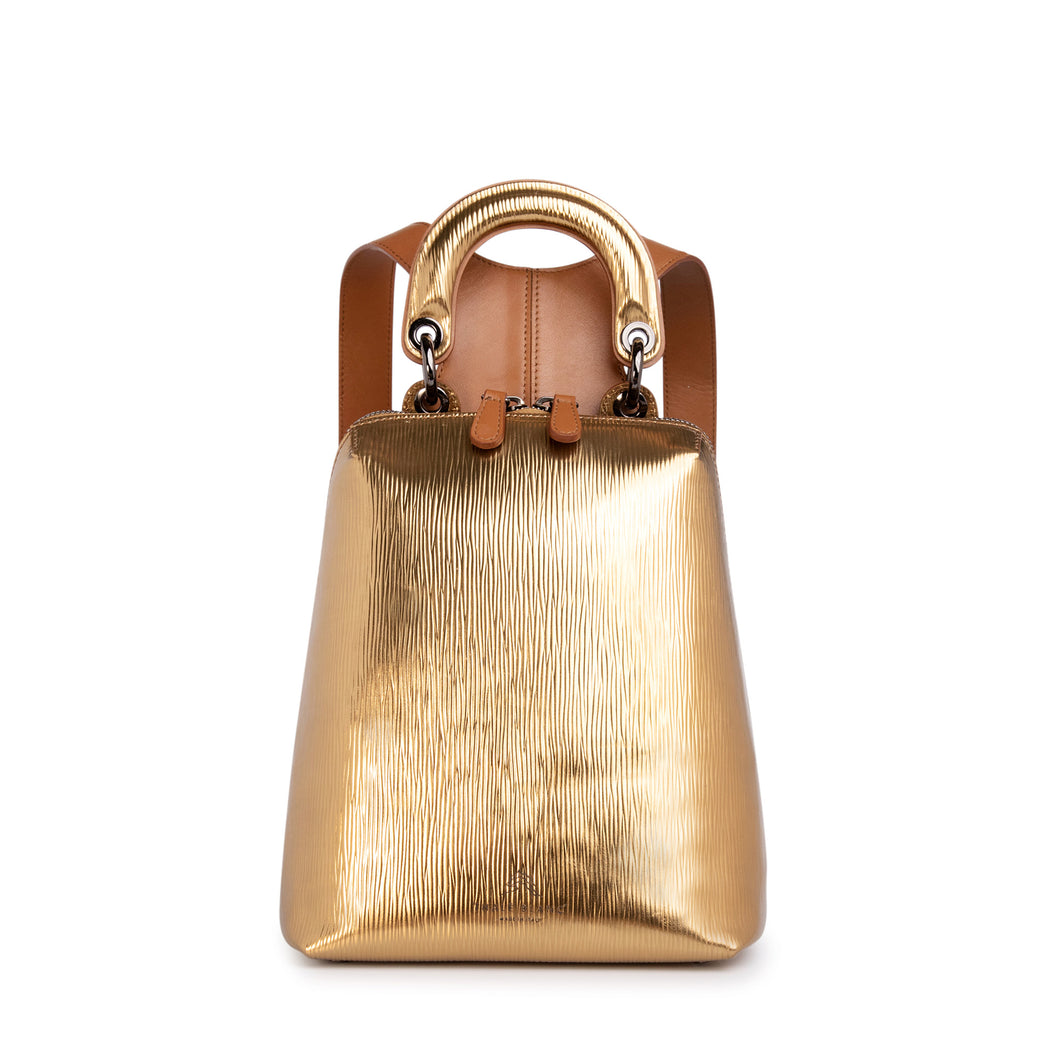 Metallic gold leather mini designer backpack for women