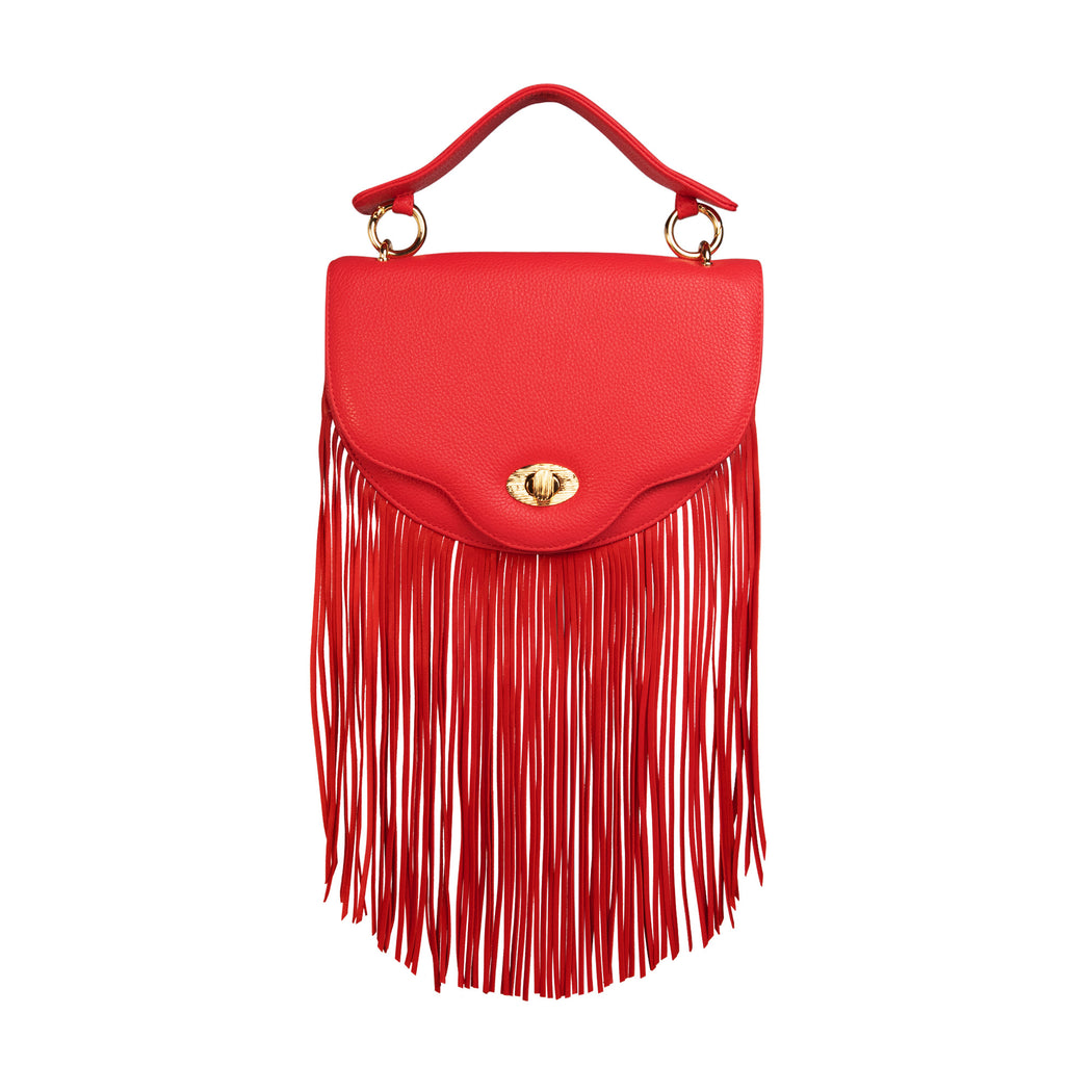Designer crossbody bag: Chain handbag with fringe in red leather