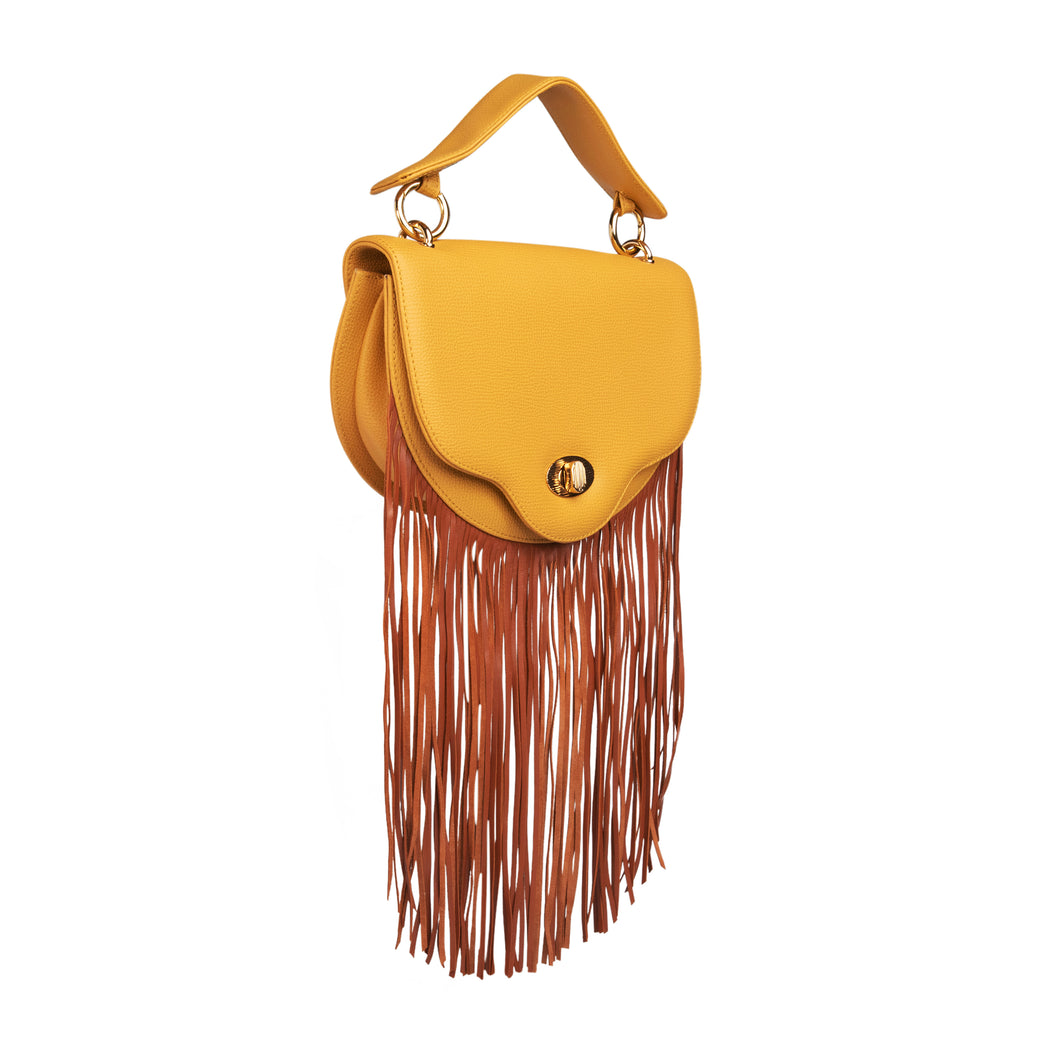 Yellow designer handbag with fringe, leather