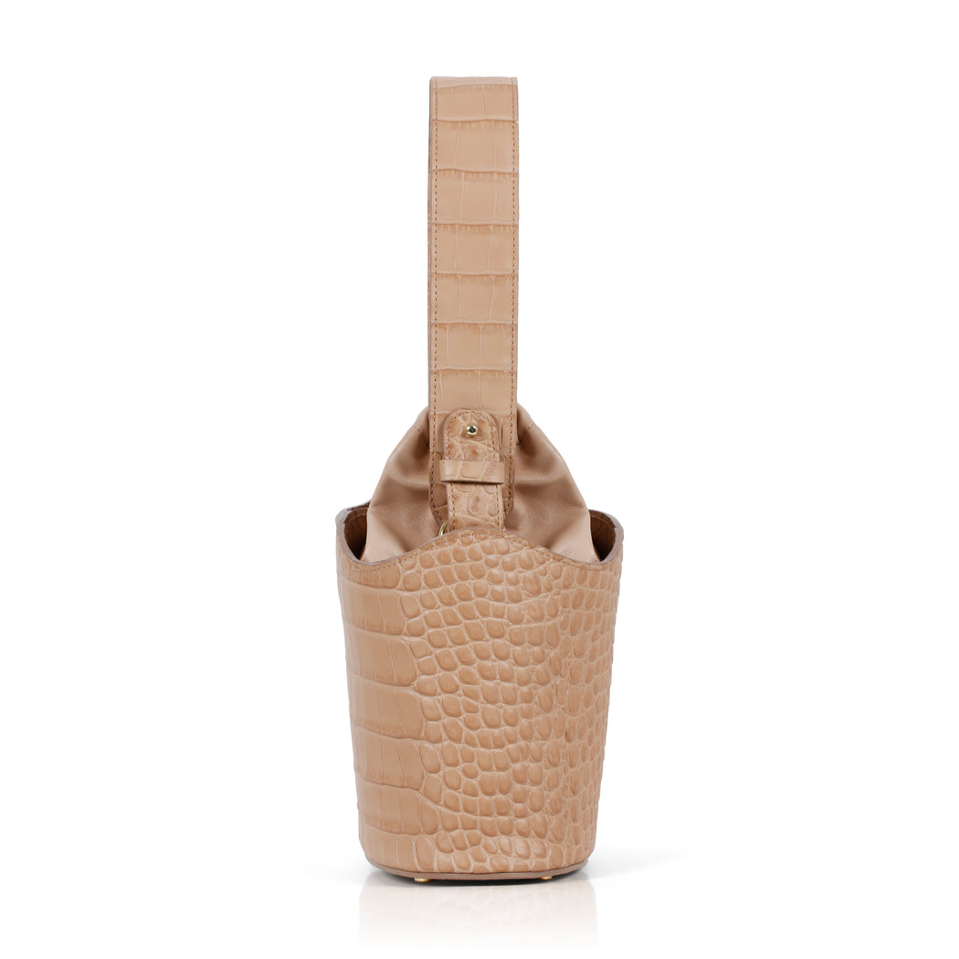 Dune Mini Bucket Embossed Leather: Designer Handbag in Camel