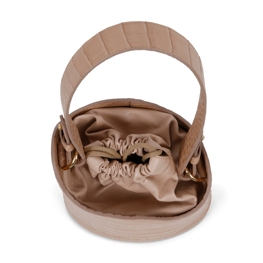 Dune Mini Bucket Embossed Leather: Designer Handbag in Camel