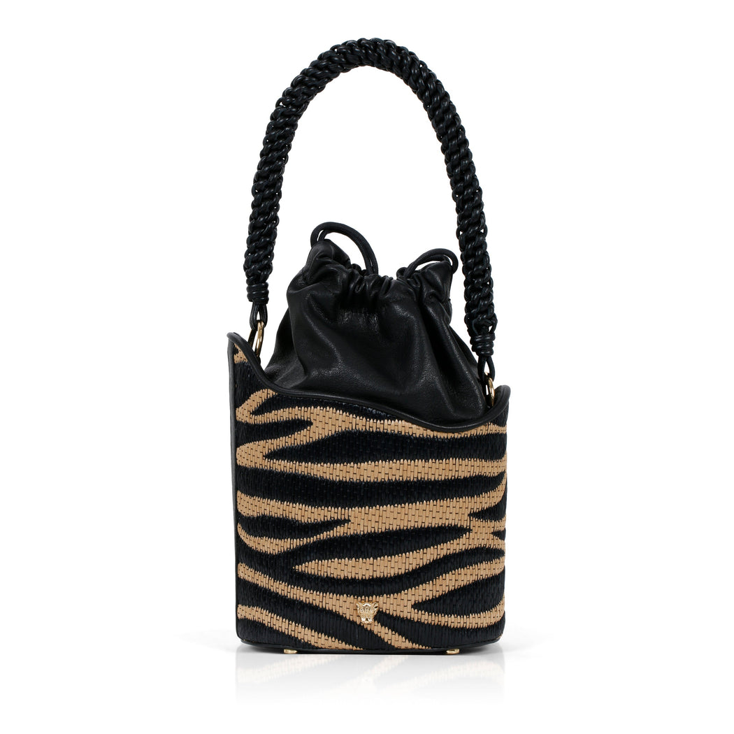 Dune Mini Bucket in Zebra Raffia with Woven Handle: Designer Handbag