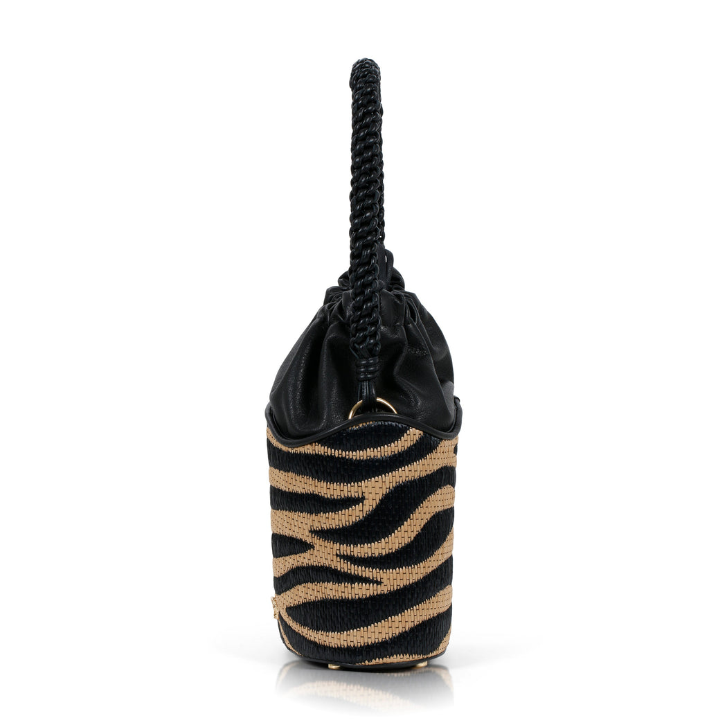 Dune Mini Bucket in Raffia Print with Woven Handle: Designer Handbag
