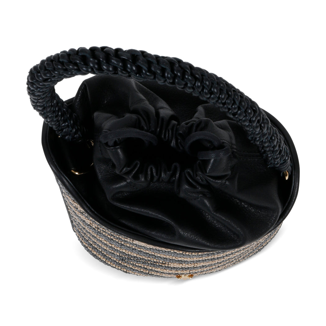 Dune Mini Bucket in Raffia Print with Woven Handle: Designer Handbag