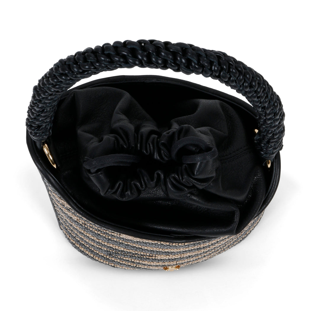 Dune Mini Bucket in Raffia Print with Woven Handle: Designer Handbag