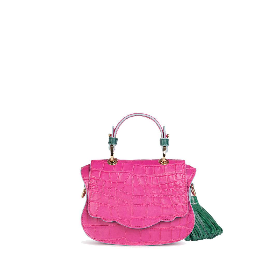 Audrey Micro: Pink & Teal Embossed Leather Designer Crossbody Bag