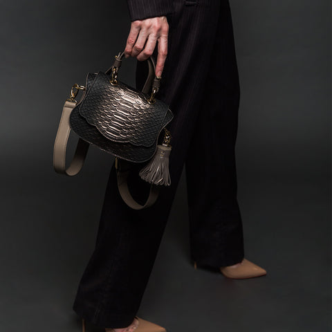 Audrey Micro Designer Crossbody Bag: Snakeskin, Pewter