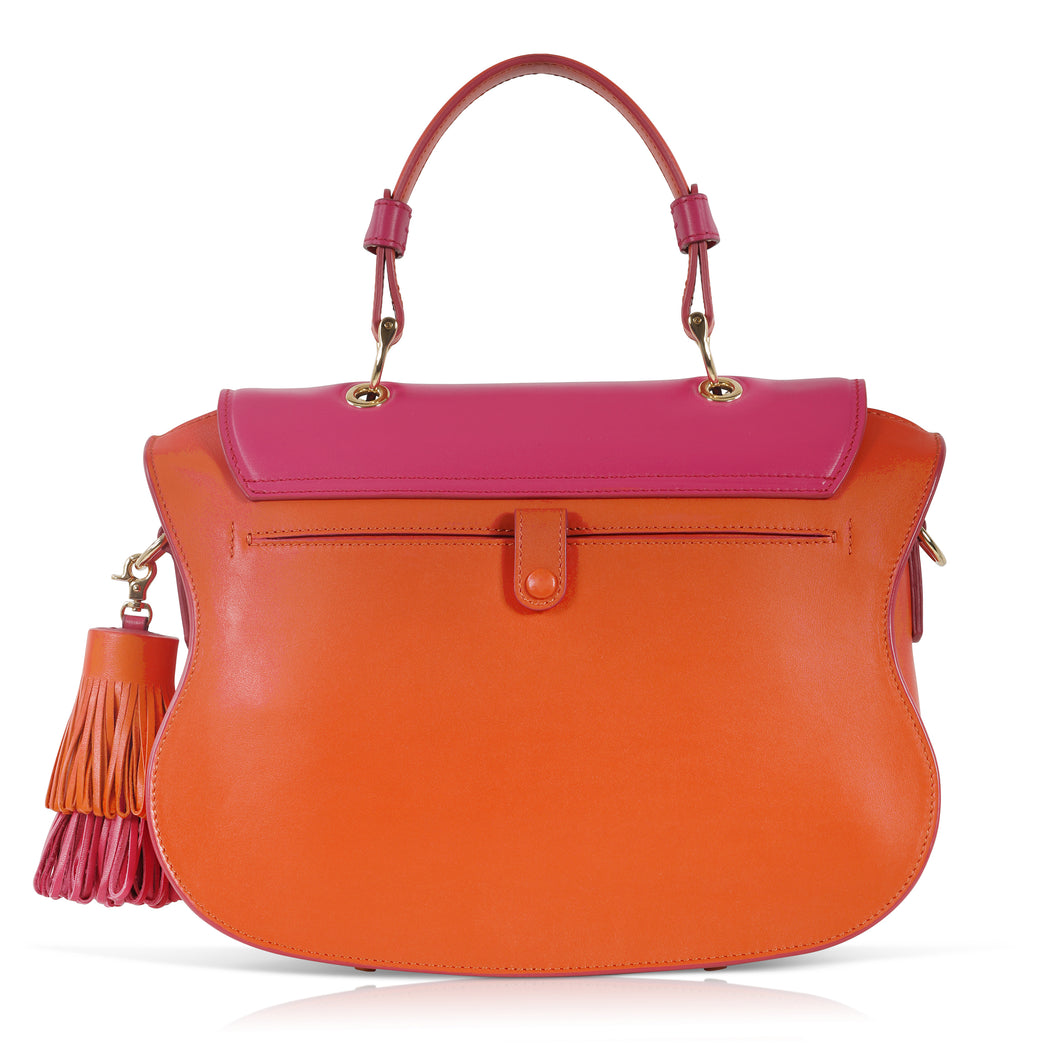 Audrey Satchel: Orange Designer Handbag with Orange & Pink Drip Design
