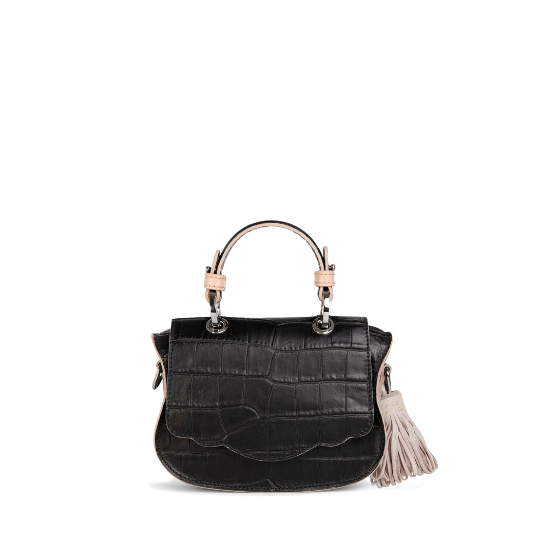 Audrey Micro: Black & Taupe Embossed Leather Designer Crossbody Bag