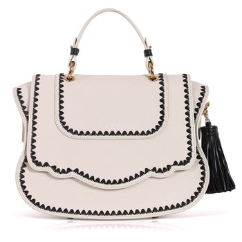 Audrey Satchel: White Designer Handbag with Black Stitching