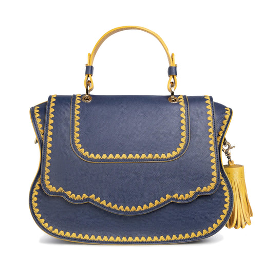 Audrey Satchel: Blue Designer Handbag with Yellow Stitching