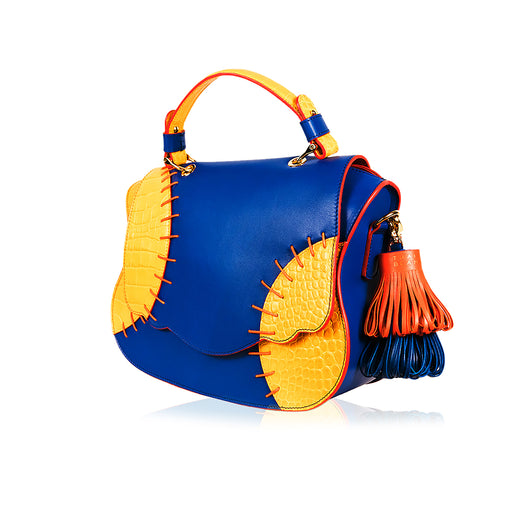 Audrey Color Block Satchel: Yellow-Blue Designer Satchel Bag