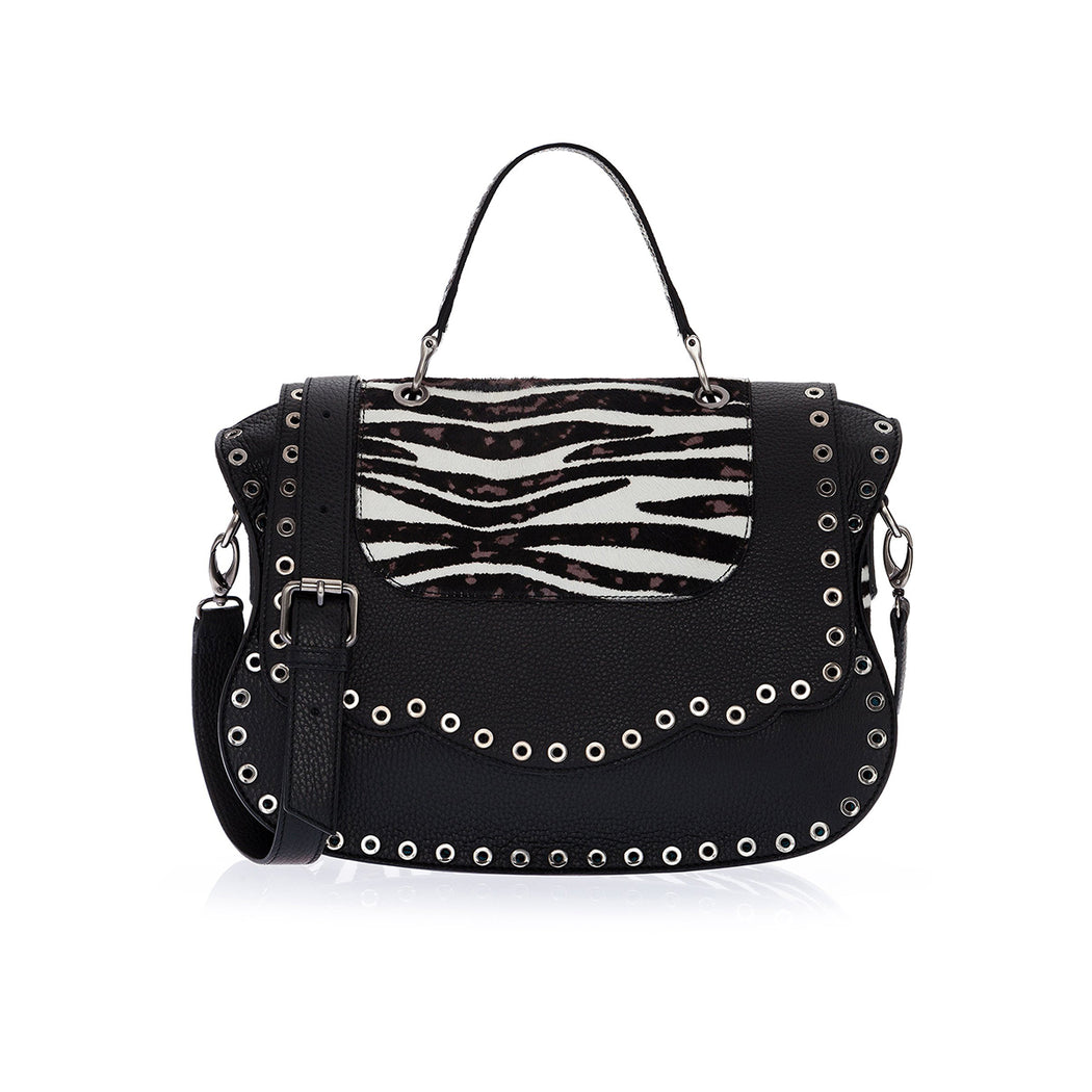 Audrey Rivet Satchel: Black Designer Handbag with Printed Haircalf