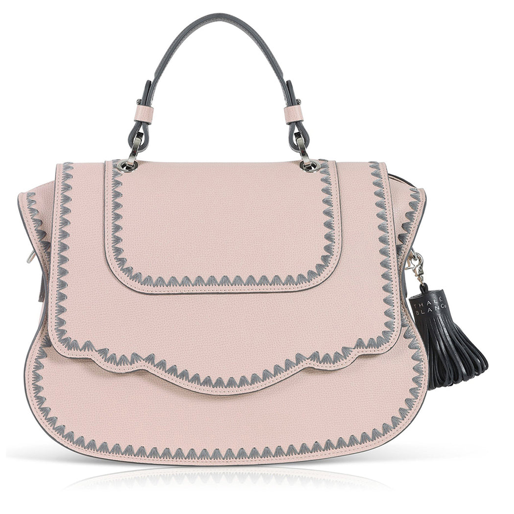 Audrey Satchel: Pink Designer Handbag with Grey Stitching