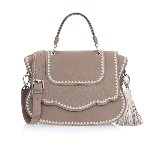 Audrey Satchel: Taupe Designer Handbag with White Stitching