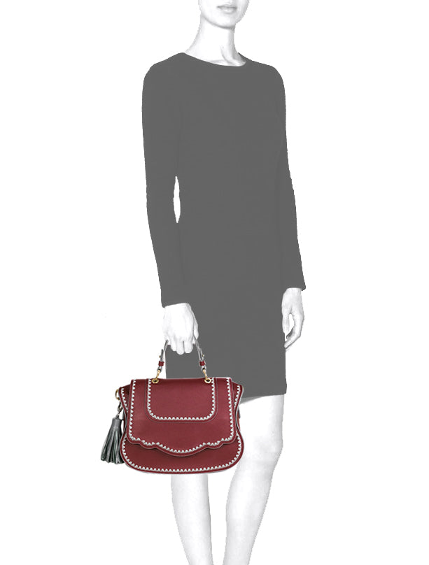 Audrey Satchel: Merlot Designer Handbag with Gray Stitching