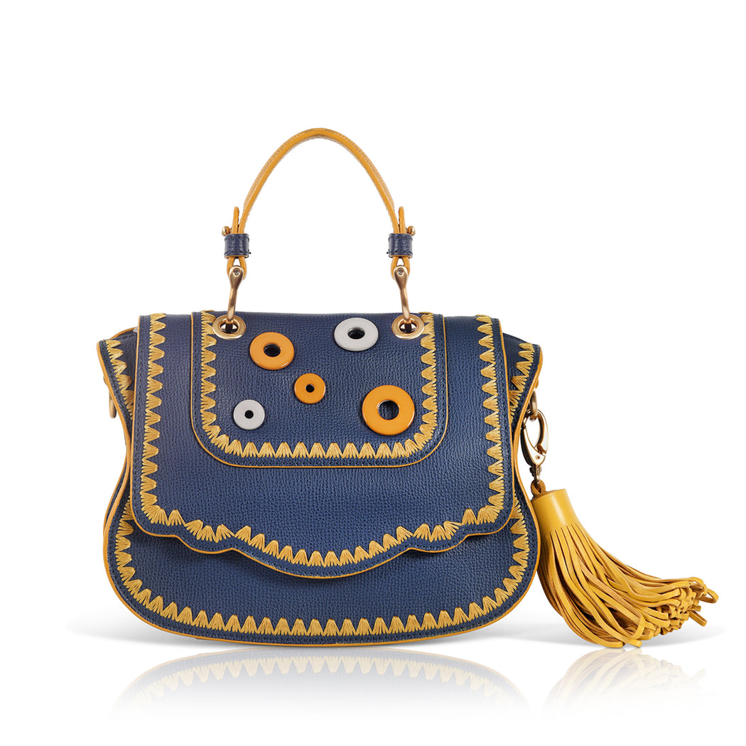 Audrey Crossbody: Blue Designer Crossbody Bag with Yellow Accents