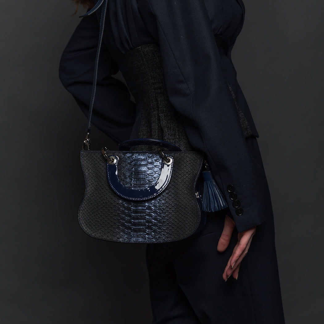 Mademoiselle Embossed Leather Satchel: Designer Crossbody in Midnight Blue