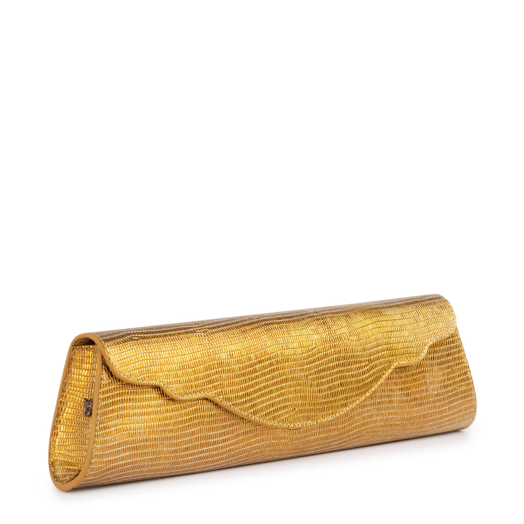 Designer evening clutch bag in metallic gold leather