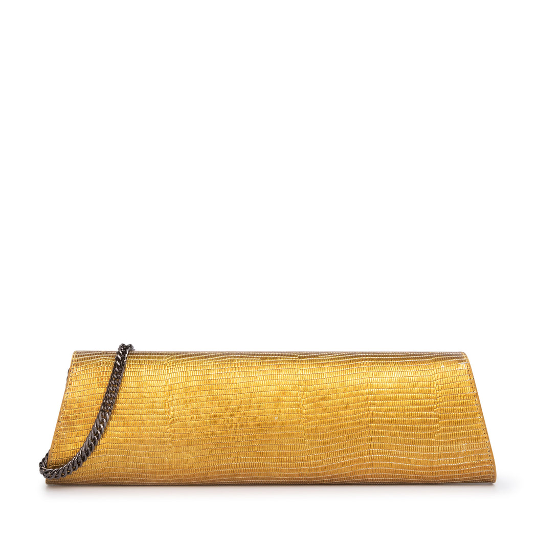 Designer gold clutch in embossed leather with chain strap