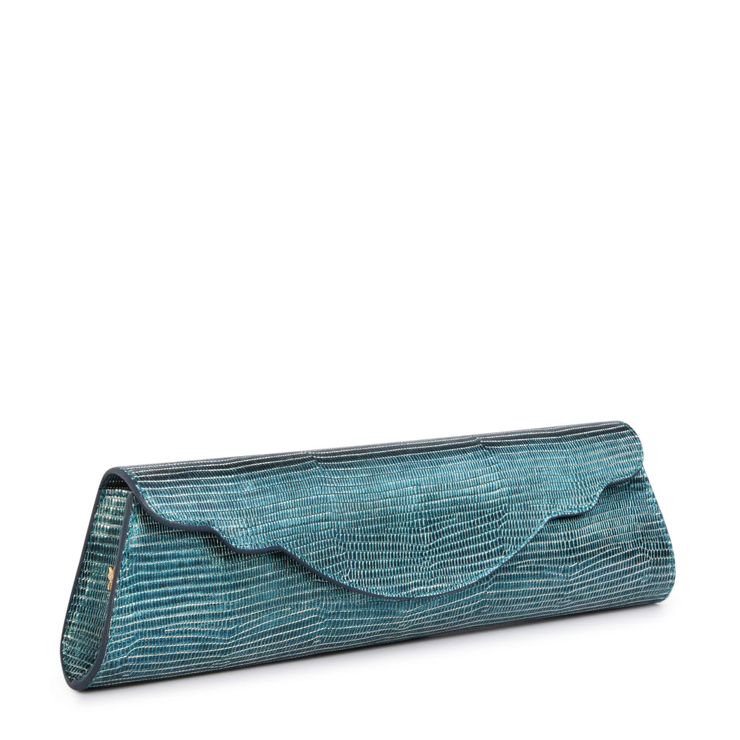Women's designer evening clutch in teal leather with embossed print