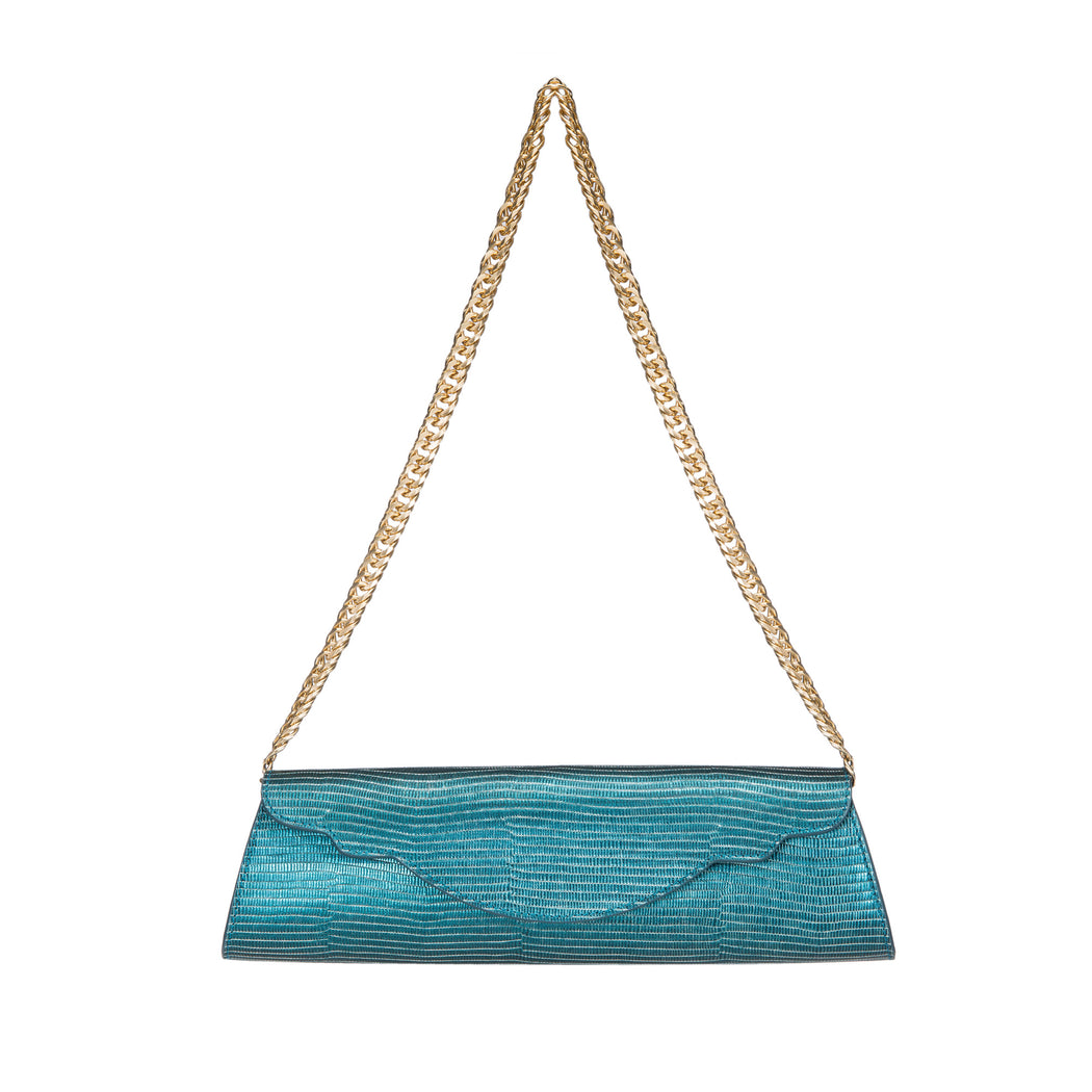 Designer evening purse in teal leather with gold chain strap