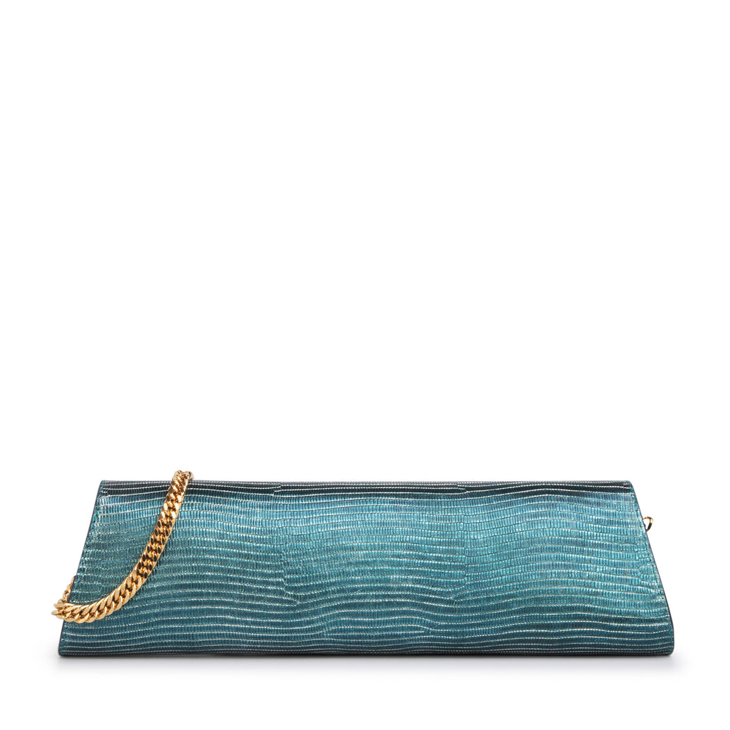 Clutch bag for women: Designer evening bag in teal leather with gold chain strap