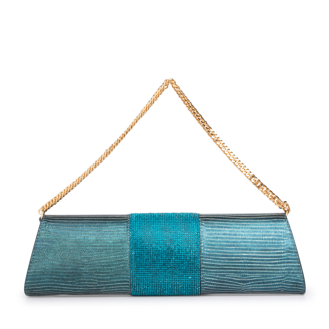 Designer evening bag for women in teal embossed leather and with gold chain strap