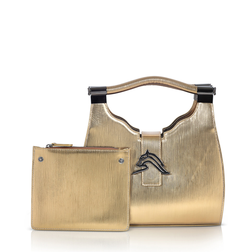 Empire Cheetah Mini Hobo: Designer Shoulder Bag in Metallic Gold Embossed Leather