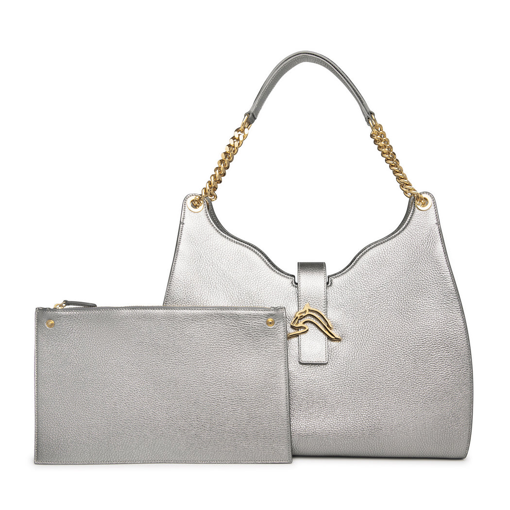 Empire Cheetah Hobo: Designer Shoulder Bag In Silver Leather
