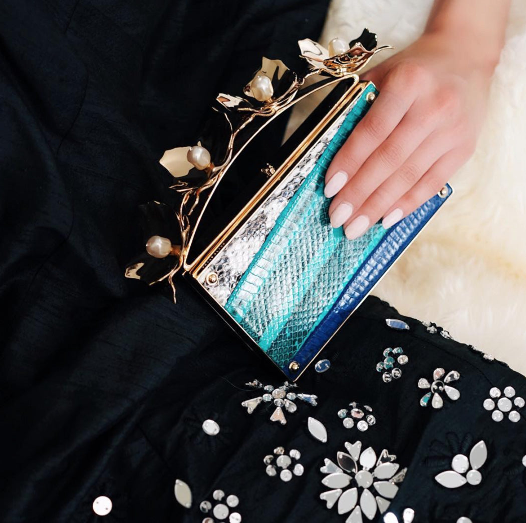 Designer evening purse: Box clutch in teal snakeskin with brass & pearl ornament