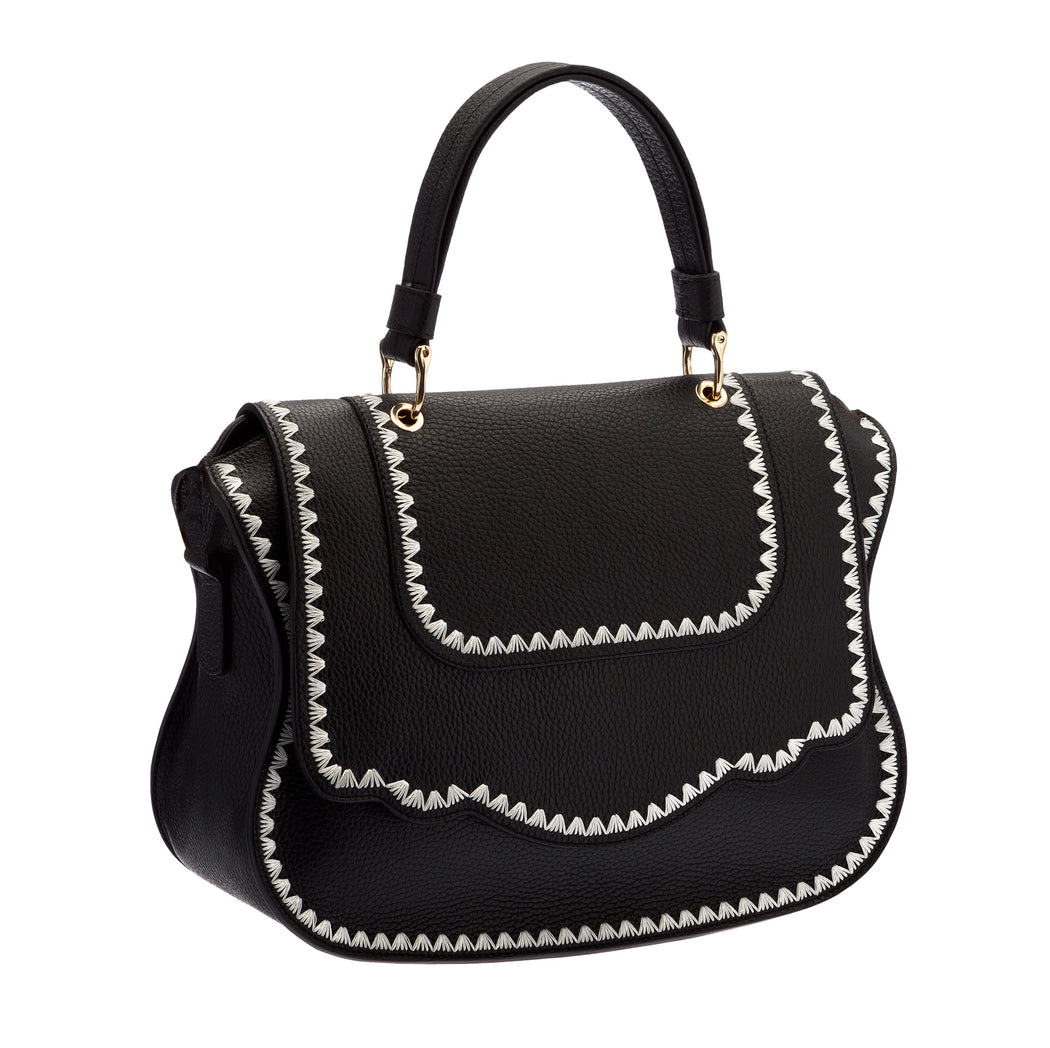Designer black satchel purse in classic Audrey handbag style