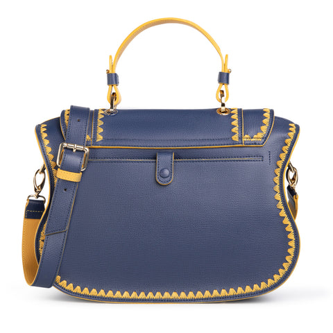Audrey Handbag: Designer Satchel, Blue Leather/Yellow Stitch – Thale Blanc